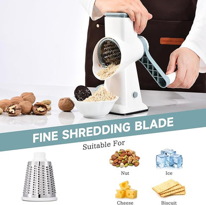 Rotary Cheese Grater with Handle Kitchen Shredder Slicer Grater Slicer Ice Shaver Cheese Vegetable Nuts Potato Zucchini Chocolate 3 Interchangeable Blades (WhiteBlue) - Image 5