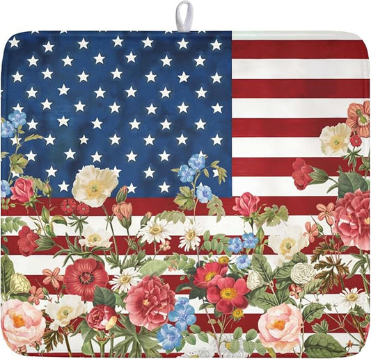 4th of July Dish Drying Mat 18x16 Inch, Patriotic Drying Mat with Absorbent Reversible Microfiber, Independence Day Dish Drainer Mats Memorial Day Rack Pad for Coffee Countertop Kitchen Protector