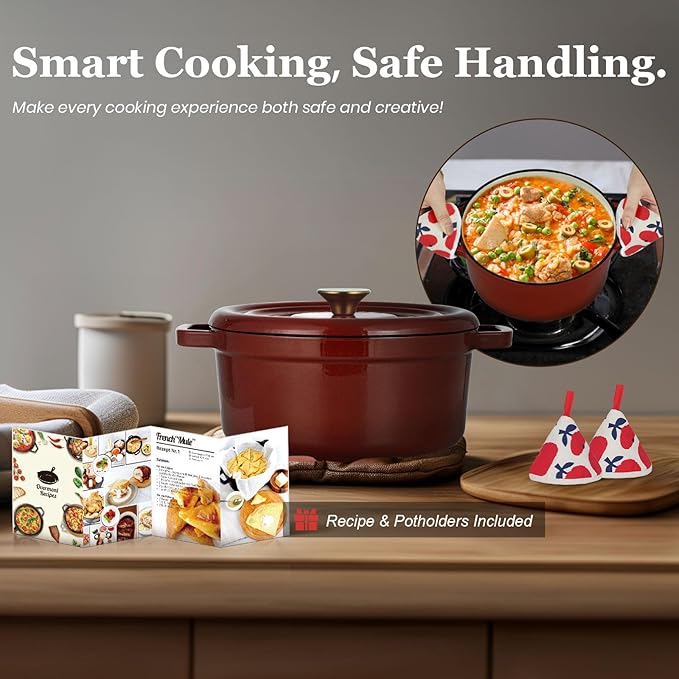 Overmont Enameled Cast Iron Dutch Oven - 5QT Pot with Lid Cookbook & Cotton Potholders - Heavy-Duty Cookware for Braising, Stews, Roasting, Sourdough Baking burgundy - Image 5