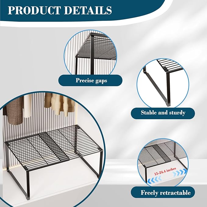 Extendable Metal Wire Shelf Organizer - Adjustable 15-24.4in Length, Stackable Storage Rack for Kitchen/Pantry/Bathroom/Shoe Cabinet/Tool Closet (4,Black) - Image 4