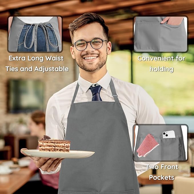 4 Packs Chef Apron, Waterproof Apron, Adjustable Aprons with 2 Pockets for Men Women, Professional Aprons for Kitchen Cooking Gardening Painting Baking Restaurant (Gray) - Image 5