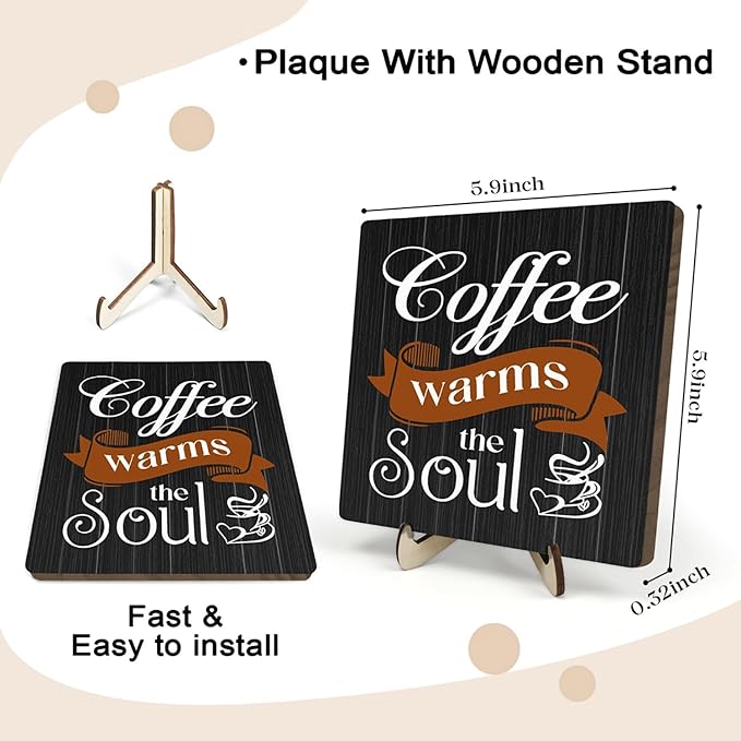 Coffee Bar Sign Plaque Decor,Coffee Bar Accessories,Rustic Wooden Tabletop Plaque with Stand, Minimalist Farmhouse Kitchen Counter Sign,Cute Mini Café Bar Decor Gift 5.9x5.9Inch - Image 2