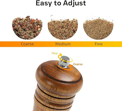 Wooden Salt and Pepper Grinder Set, Premium Oak Wood Salt Grinders Shakers, Pepper Mill with Acrylic Clear Window, Adjustable Ceramic Grinder - 8 inches, 2 Pack