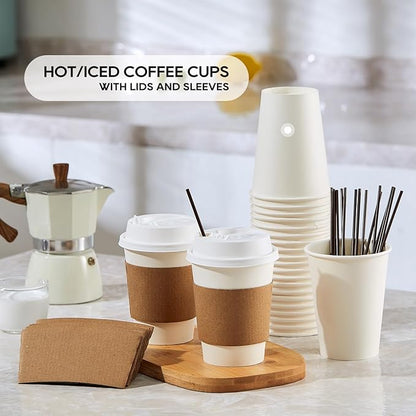 JOLLY PARTY [50 Pack] 12 oz Paper Coffee Cups, Disposable Paper Coffee Cup with Lids, Sleeves, and Stirrers, Hot/Cold Beverage Drinking Cup for Water, Juice or Tea, Suitable for Home, Shops and Cafes - Image 7