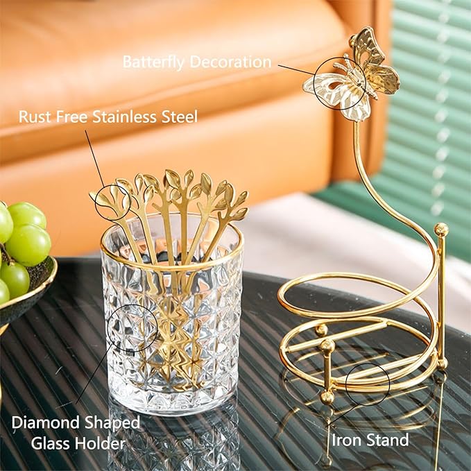 6PCS Coffee Spoons Set with Glass Holder,Small Stainless Steel Gold Tea Spoon,Mini Dessert Spoons Set for Fruit,Stirring, Mixing, Sugar, Ice Cream, Cake (6 x Spoons)