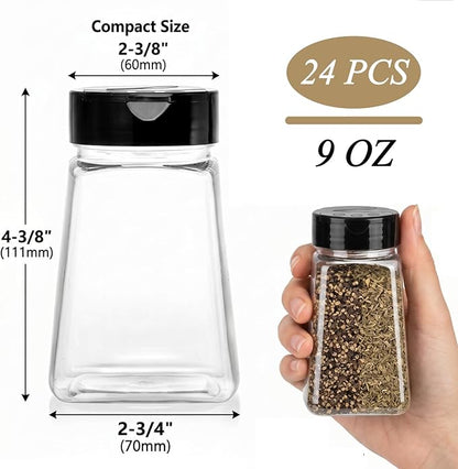 Tebery 24 Pack 9 Oz Plastic Spice Jars with Black Cap, Reusable Seasoning Containers Bottles for Kitchen Organization, Clear Plastic Spice Container with Shaker Lids for Spices Powders Herbs - Image 2