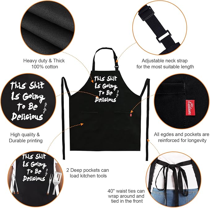 BBQ Funny Apron for Men, Chef Bib Apron with 2 Pockets, Adjustable Neck Strap and 40" Long Ties - Best for Kitchen Cooking, Grilling, Baking, Gardening - Black