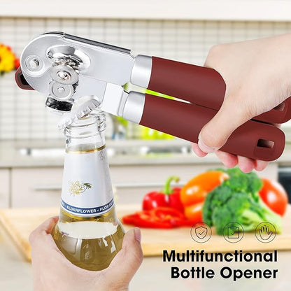 Beneno Heavy Duty Hand Can Opener Manual with Magnet, Durable Sharp Carbon Steel Blade Smooth Cutting, Big Effort-Saving Knob & Soft Grip Handle, Multifunctional Kitchen Tool with Bottle Opener, Red - Image 6