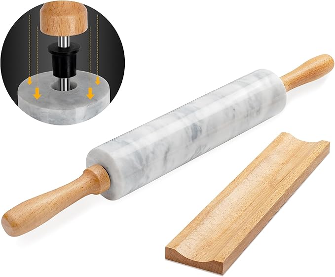16.7 Inches Marble Rolling Pin for Baking with Wooden Handles & Wooden Cradle - Rolling Pin for making Pizza Dough & Tortillas, Dough Roller for Pasta, Cookie, Pie Crust and More! - Image 2
