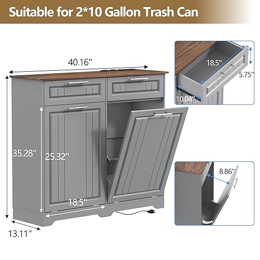 Double 10 Gallon Tilt Out Trash Can Cabinet with Deodorizing Function, Wooden Hidden Garbage Can Holder with Storage Drawers for Kitchen and Dining Room, Laundry Hamper Cabinet for Bathroom, Grey