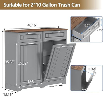 Double 10 Gallon Tilt Out Trash Can Cabinet with Deodorizing Function, Wooden Hidden Garbage Can Holder with Storage Drawers for Kitchen and Dining Room, Laundry Hamper Cabinet for Bathroom, Grey