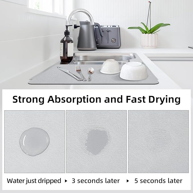 LOPNUR Kitchen Dish Drying Mat, 24"x16" Dish Drying Mats for Kitchen Counter, Diatomite Coffee Mat, Super Absorbent Dish Drying Pad, Heat Resistant Mat with Anti-slip Rubber Backed, Light Grey - Image 3