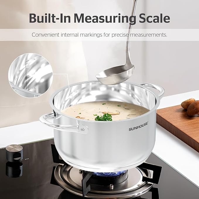 SUNHOUSE 8 Quart Stock Pot with Lid - 3-Ply Bottom Stainless Steel Pasta Cooking Canning Dutch Oven Pot - Induction Compatible for All Stovetops - Dishwasher Safe & Oven Safe - Image 8