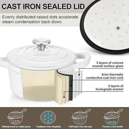 3 Quart Saucepan with Lid, Leonyo Enameled Cast Iron Sauce Pan, Heavy Duty Cast Iron Pot Dutch Oven Kitchen Cookware for All Cooktops Making Pasta, Milk, Egg- Up to 500°F & 8Lbs, White
