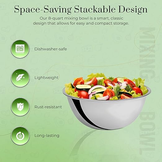 OCS Parts 8 Quart Mixing Bowl | 13.25-Inch Stainless Steel Professional Grade Flat Base Mixing Bowls for Home and Commercial Kitchens - Image 3