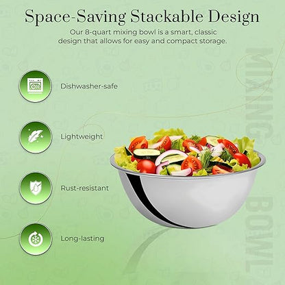 OCS Parts 8 Quart Mixing Bowl | 13.25-Inch Stainless Steel Professional Grade Flat Base Mixing Bowls for Home and Commercial Kitchens - Image 3