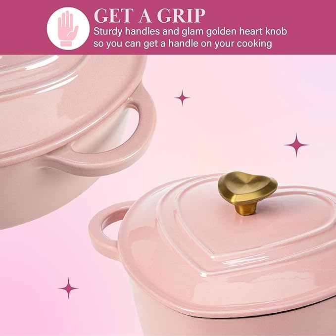 Paris Hilton Enameled Cast Iron Dutch Oven Heart-Shaped Pot with Lid, Dual Handles, Works on All Stovetops, Oven Safe to 500°F, 4-Quart, Pink - Image 6