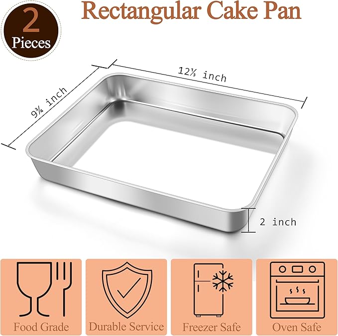 LIANYU Baking Pan Set of 2, 12⅓ x 9¾ x 2 Inch Cake Lasagna Brownies Casseroles Pan, Rectangle Stainless Steel Bakeware Set for Baking Roasting, Toaster Oven & Dishwasher Safe, 2 Pans