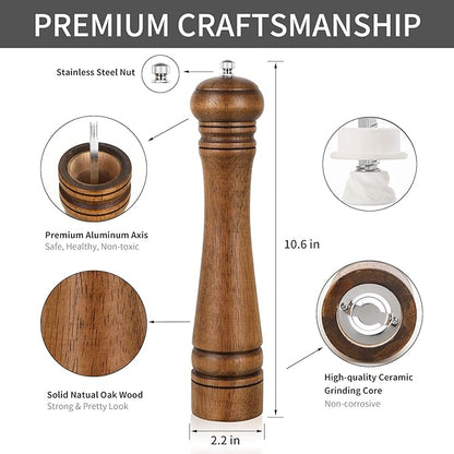 1Pack Wood Pepper Grinder, XWXO 10 Inch Salt Mill Pepper Shaker, Pepper Mill with Adjustable Ceramic Rotor - Oak Wood Pepper Grinder for Your Kitchen - Image 4