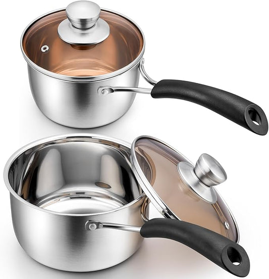 P&P CHEF 1 & 2 Quart Saucepan Small Pot, Stainless Steel Saucepan with Lid, Small Sauce Pan for Home Kitchen Restaurant Cooking, Visible Glass lid & Bakelite Heat-Proof Handles,Dishwasher Safe, 2 Pcs by PPCHEF