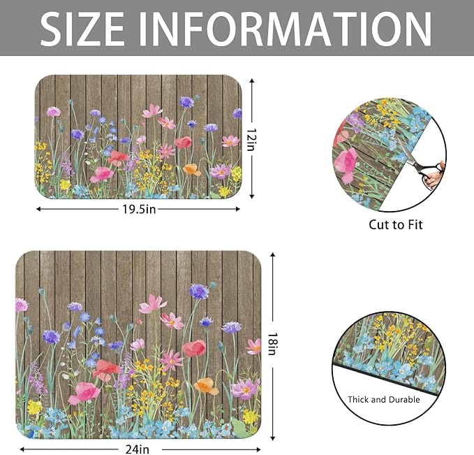 Dish Drying Mat for Kitchen Counter 2 Pack with Non-Slip Rubber Backing - Heat-Resistant Absorbent Coffee Bar Mat, Dish Rack Mat, Wooden Flower Dish Drying Mats 18x24+19.5x12 inch