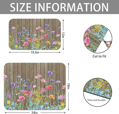 Dish Drying Mat for Kitchen Counter 2 Pack with Non-Slip Rubber Backing - Heat-Resistant Absorbent Coffee Bar Mat, Dish Rack Mat, Wooden Flower Dish Drying Mats 18x24+19.5x12 inch