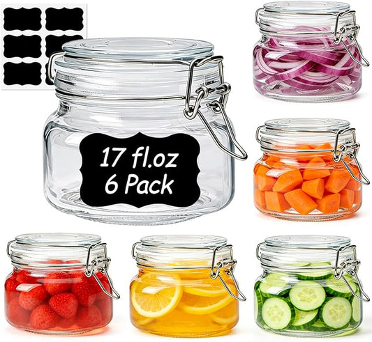 ComSaf Set of 6 Square Glass Jars with Airtight Wire Clamp Lids (17 Oz), Wide Mouth Pantry Canisters for Overnight Oats, Jam, Pickling, Spice Storage, Gifts by ComSaf