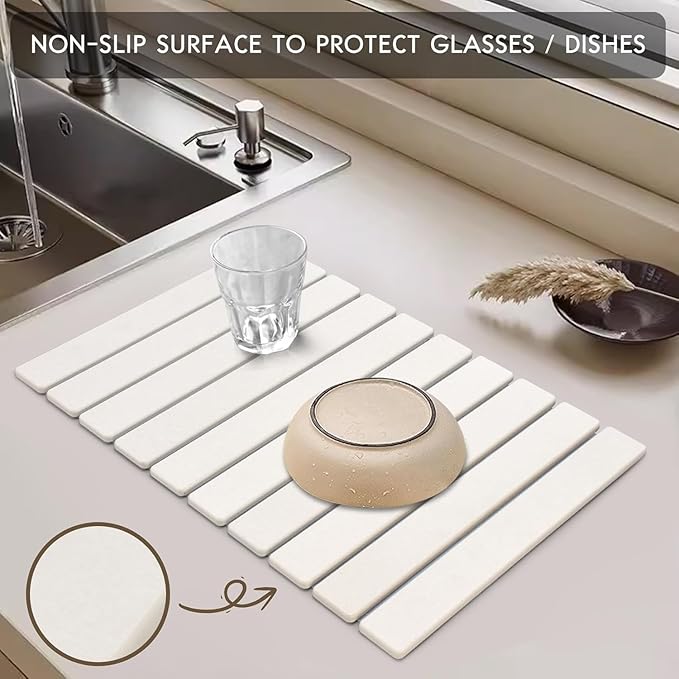 Large Stone Dish Drying Mats for Kitchen Counter, 23"(L)×15"(W) Quick Dry Collapsible Dish Drying Mat, Eco-Friendly Absorbent Diatomaceous Earth Mats for Dishes Bottles Cups, Match Any Countertop