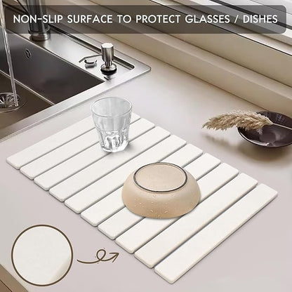 Large Stone Dish Drying Mats for Kitchen Counter, 23"(L)×15"(W) Quick Dry Collapsible Dish Drying Mat, Eco-Friendly Absorbent Diatomaceous Earth Mats for Dishes Bottles Cups, Match Any Countertop