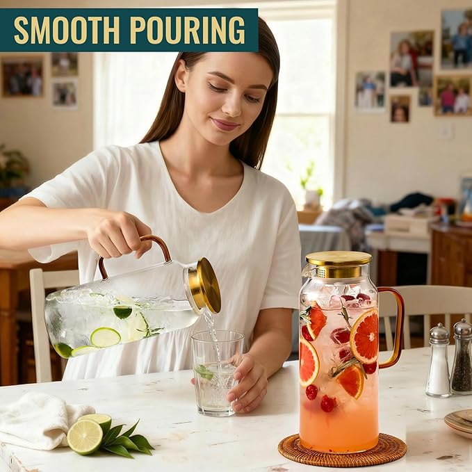 4 Pack 2 Liter/68 oz Glass Pitcher with Lid, Water Pitchers with Handle for Fridge, Large Jug for Iced Tea, Coffee, Borosilicate Glass Carafe for Hot/Cold Brew Drink and Homemade Beverage, Gold - Image 7