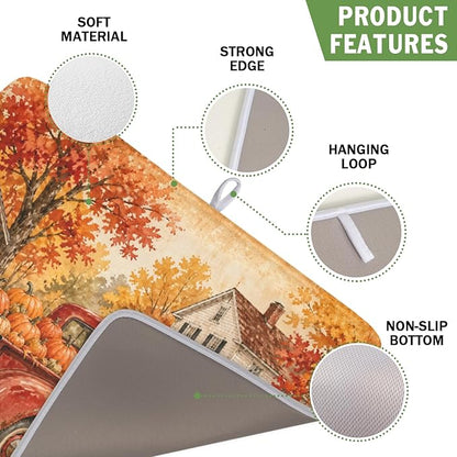 Fall Pumpkin Dish Drying Mat for Kitchen Counter Thanksgiving Autumn Harvest Pattern Microfiber Dish Drainer Mat Vintage Rustic Farmhouse Absorbent Washable Drying Pad 16"x18"