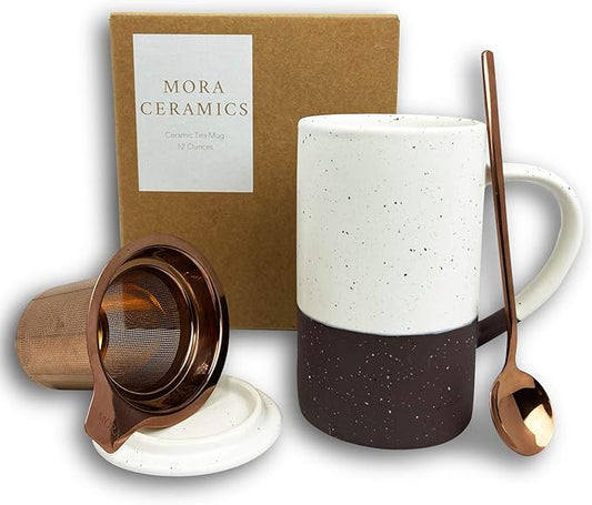 Mora Ceramics Tea Cup with Loose Leaf Infuser, Spoon and Lid, 12 oz, Microwave and Dishwasher Safe Coffee Mug - Rustic Matte Ceramic Glaze, Modern Herbal Tea Strainer - Great Gift for Women, Garnet by MORA