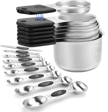 Magnetic Measuring Cups and Spoons Set-Heavy Duty 304 Stainless Steel，Double Measurement Markings，Set of 16 with Leveler for Measure Dry and Liquid Ingredients (Black) by HOUJIP