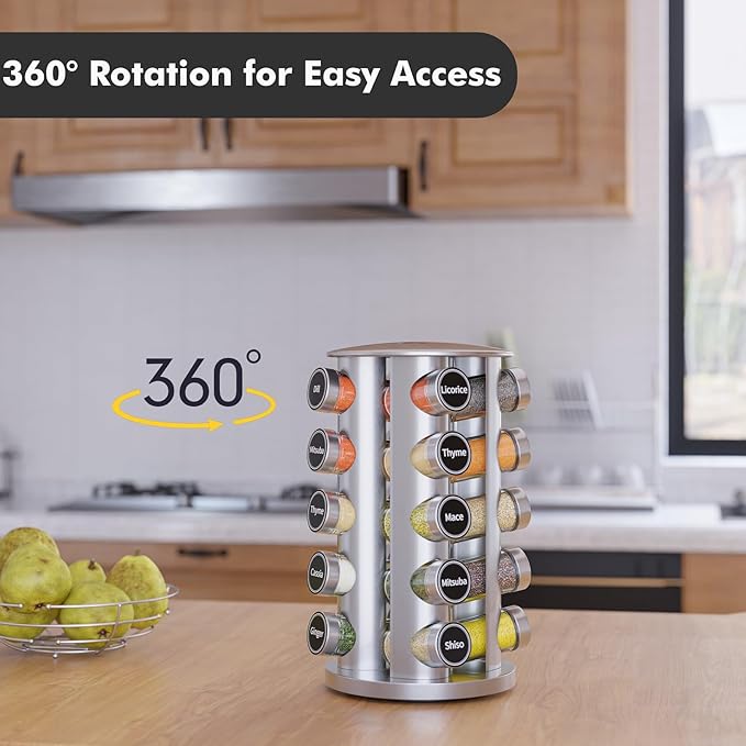 New England Stories Revolving Spice Rack Set with 20 Spice Jars, Kitchen Spice Tower Organizer for Countertop or Cabinet - Carousel Storage Includes 386 Spice Labels (Silver) - Image 3