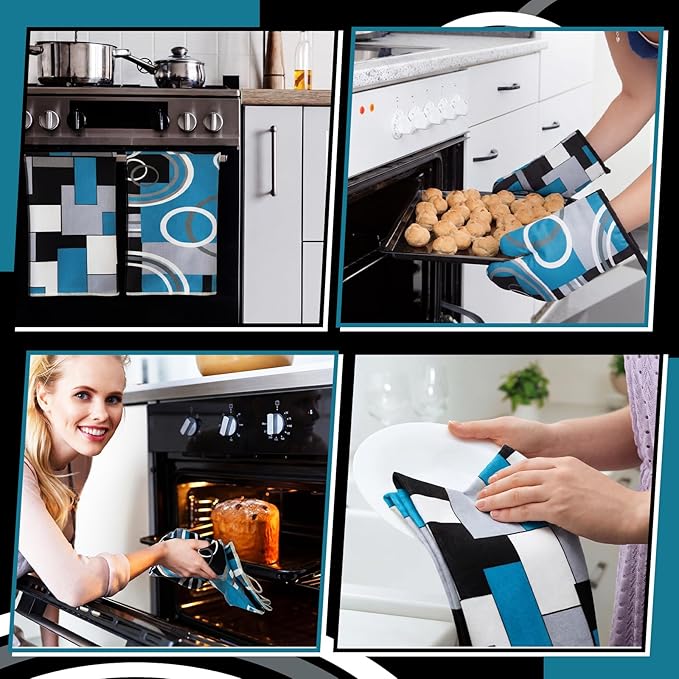 Jingmore 6 Pcs Kitchen Decor Set Accessory Farmhouse Kitchen Towels Pot Holders Oven Mitts Set 2 Dish Towels 2 Pot Holders 2 Cooking Mittens Oven Glove for Cooking(Teal,White, Gray,Geometric) - Image 5