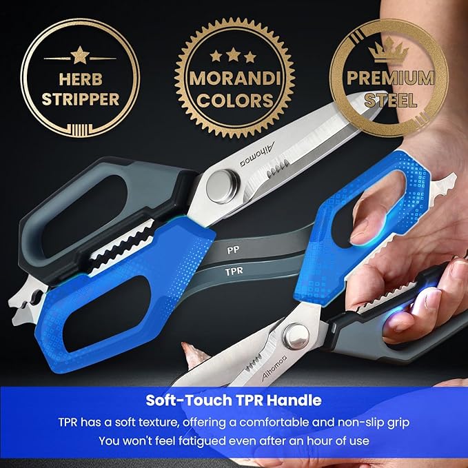 Sharp Nordic-Style Kitchen Shears Soft Comfort Handle, All Purpose Scissors with Herb Stripper, Detachable Cooking Scissors, Micro-Serrated Blade for Food Chicken Meat Herb Packaging