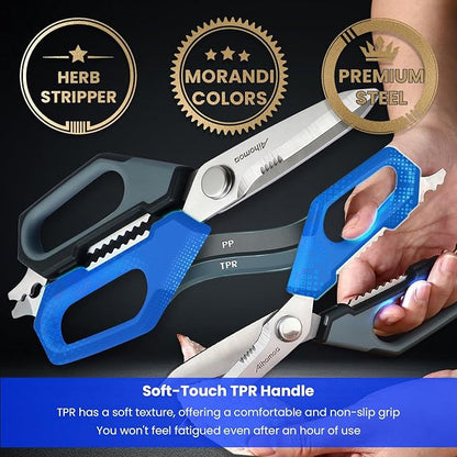 Sharp Nordic-Style Kitchen Shears Soft Comfort Handle, All Purpose Scissors with Herb Stripper, Detachable Cooking Scissors, Micro-Serrated Blade for Food Chicken Meat Herb Packaging