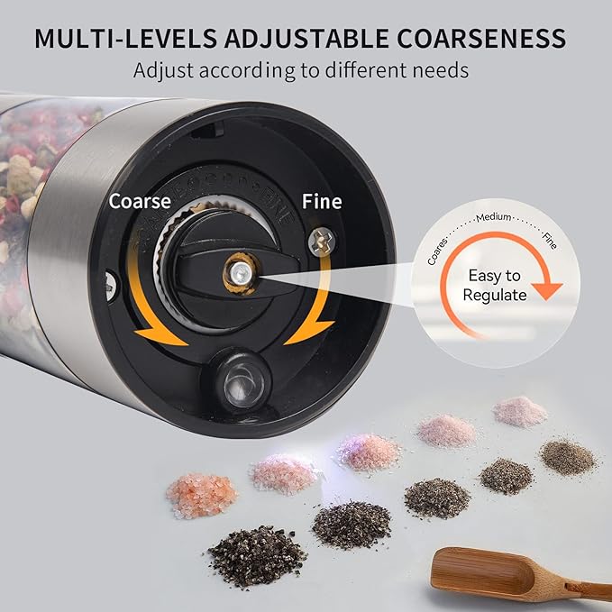 Stainless steel Electric Salt and Pepper Grinder Set,Large Capacity Automatic Pepper Mill Grinder with Upgraded Rechargeable Charge Base and LED Light,Adjustable Coarseness, Easy to clean