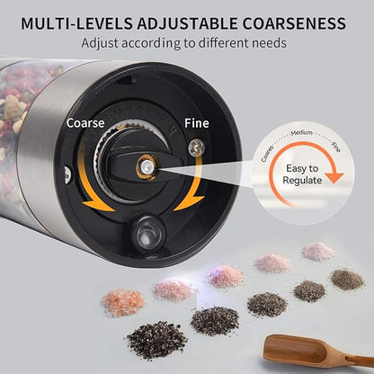 Stainless steel Electric Salt and Pepper Grinder Set,Large Capacity Automatic Pepper Mill Grinder with Upgraded Rechargeable Charge Base and LED Light,Adjustable Coarseness, Easy to clean