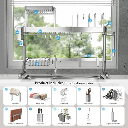 Over Sink Dish Drying Rack, Upgrade 2.5-Tier 304 Stainless Steel Dish Rack Adjustable Length with Pots and Pans Rack, Modern Over The Sink Dish Drainer Rack for Kitchen Storage Counter Organizer