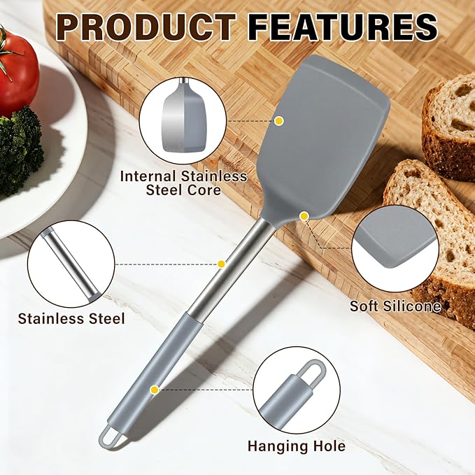 5Pcs Silicone Cooking Utensils Set, Heat Resistant Kitchen Tools Include Solid&Slotted Spatula, Cooking Spoon and Pasta Server, Silicone Kitchen Utensils set for Nonstick Cookware Flipping, Gray - Image 3