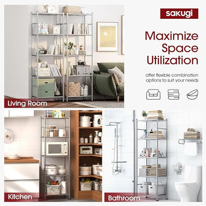 Sakugi Storage Shelves - Set of 2, 5-Tier Metal Shelf Organizer, Space-Saving Garage Shelving with Leveling Feet, Standing Shelves Organizer for Kitchen, Laundry, Pantry (18.4"x12.6"x57.4", Silver) - Image 4