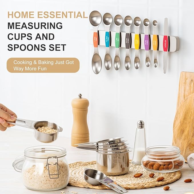 Stainless Steel Measuring Cups & Spoons Set, EWFEN Kitchen Tools Nesting Measuring Cups and Spoons, Fits in Spice Jars for Baking & Cooking, BPA Free, Set of 15 with Leveler, Multicolor - Image 4