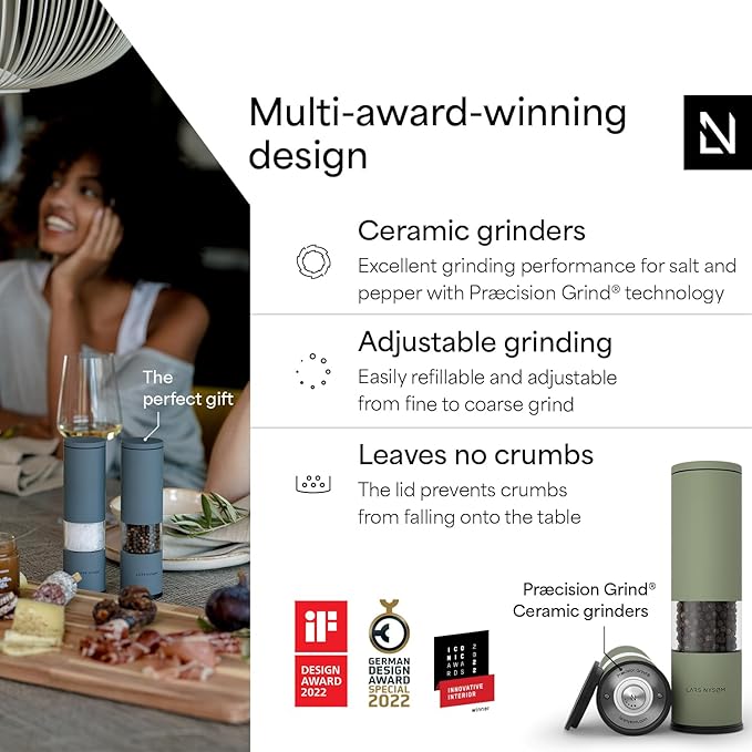 LARS NYSØM Salt and Pepper Grinder Set Manual, Stainless Steel Salt and Pepper Mills with Adjustable Ceramic Grinder I Design Spice Shakers (Sage Green) - Image 2