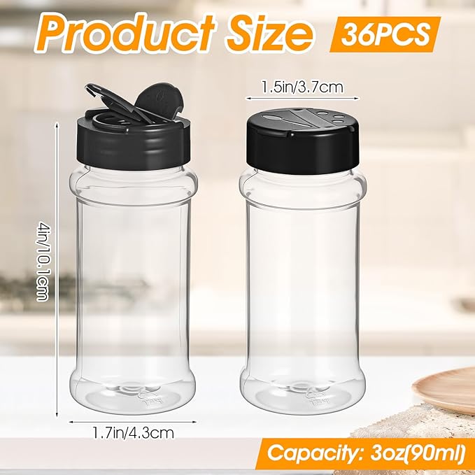 36 Pack 3 oz Clear Plastic Spice Jars with Shaker Lids, Black Caps, Empty Spice Bottles Seasoning Containers for Kitchen, Powders, Pepper
