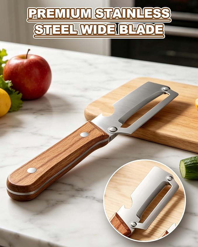 2 Pack Multi-Functional Stainless Steel Thickened Fruit Peeler Knife for Kitchen, Ultra-Sharp Blade with Wooden Handle and Bottle Opener, for Fruit Veggie that Need to Be Peeled