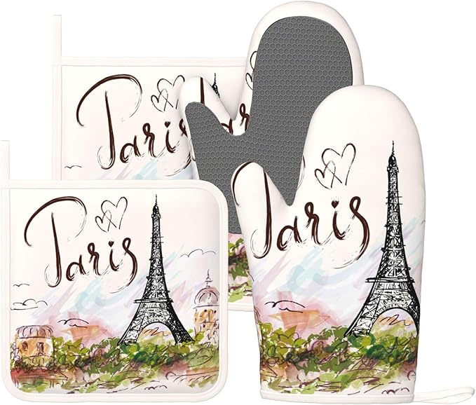 Pretty Romantic Paris Eiffel Tower Oven Mitts and Pot Holders Sets of 4, Heat Resistant Silicone Oven Mittens and Potholders Gloves Hot Pads for Kitchen Cooking Baking Grilling BBQ Chef by Echoserein