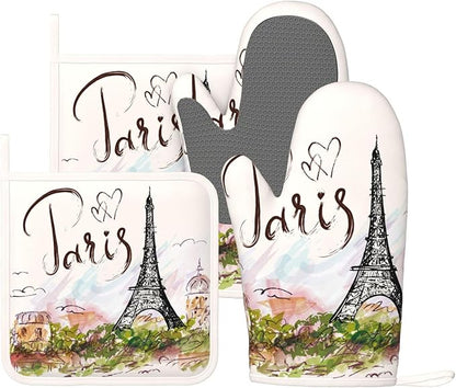 Pretty Romantic Paris Eiffel Tower Oven Mitts and Pot Holders Sets of 4, Heat Resistant Silicone Oven Mittens and Potholders Gloves Hot Pads for Kitchen Cooking Baking Grilling BBQ Chef by Echoserein