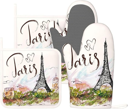 Pretty Romantic Paris Eiffel Tower Oven Mitts and Pot Holders Sets of 4, Heat Resistant Silicone Oven Mittens and Potholders Gloves Hot Pads for Kitchen Cooking Baking Grilling BBQ Chef by Echoserein