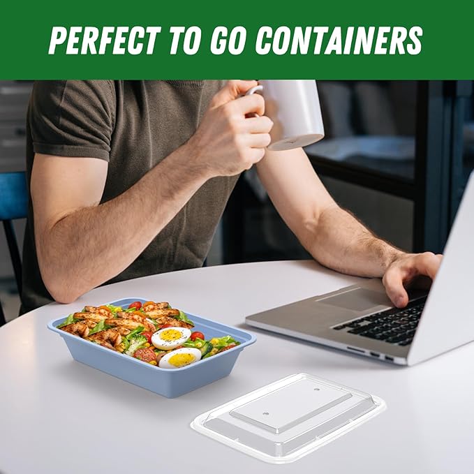 50 Pack (100-Piece) 32 oz Meal Prep Containers Reusable with Easy Open Lids, Sturdy Leakproof Food Safe, Microwave Freezer Dishwasher Safe, To Go Take Out Plastic Food Storage Pans with Lids, Blue - Image 7